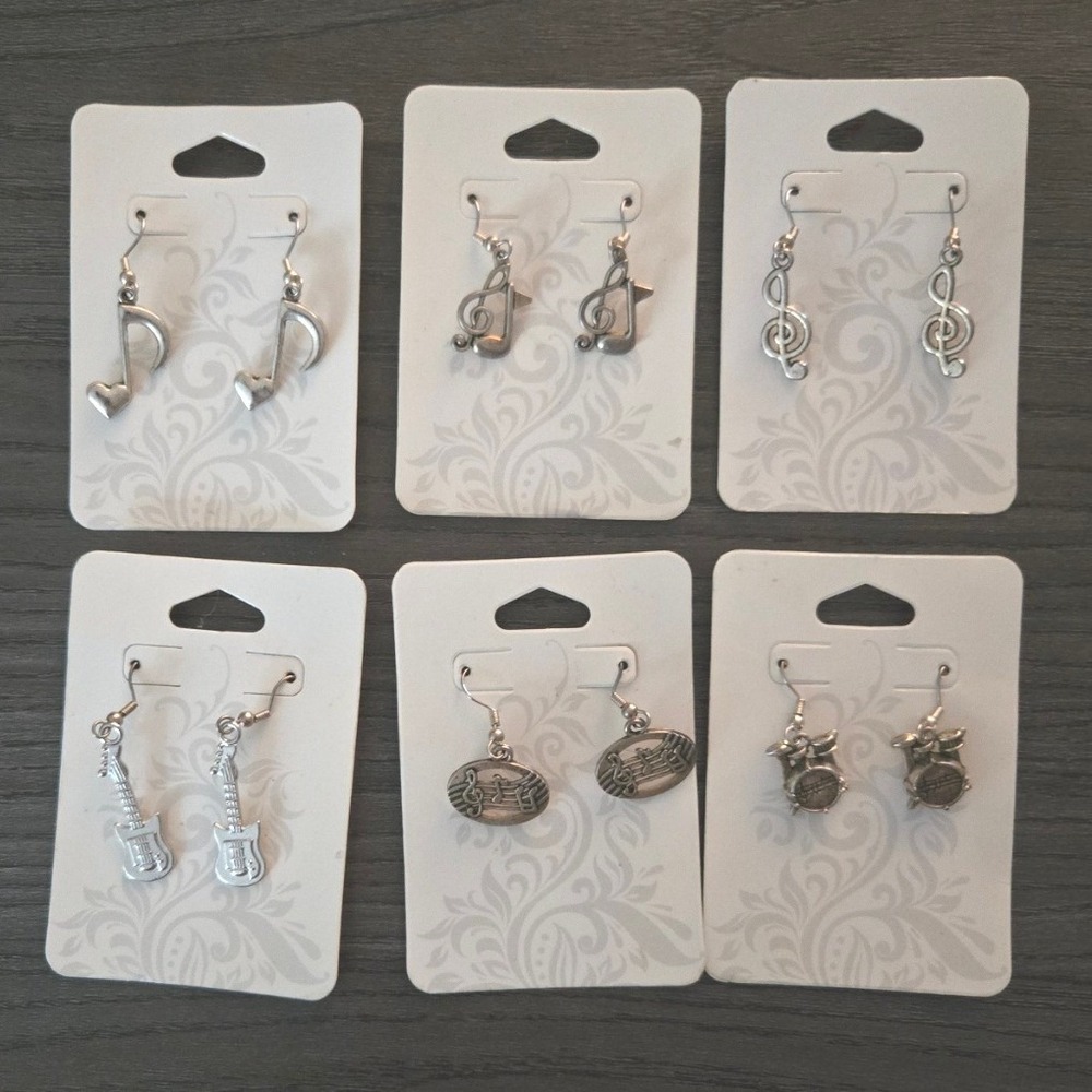Lot of 6 Music Themed Silver Tone Dangle Earrings‎ - Guitar Clef Notes New